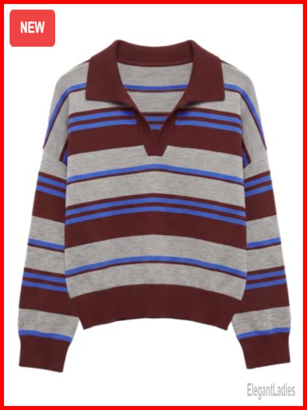 Rugby Sweater Womens Striped Polo Collar Oversized Pullover Knit